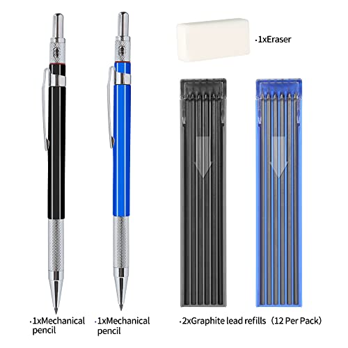 2mm Mechanical Pencil Set, 2 Pieces Artist Carpenter Drafting Pencils 2.0 mm with 2 Tube Lead Refill (HB, 2B), Art Lead Holder Metal Marker for Draft Drawing, Writing, Art Sketching
