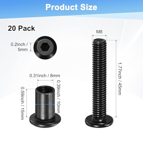 M METERXITY 20-Pack Hex Drive Socket Cap Bolt, M8 x 45mm Carbon Steel Furniture Connector Bolts Barrel Nuts for Furniture Assembly/Cabinet/DIY Binding Post Screws Rivet Fasteners [Black] - size: M8 x 45mm