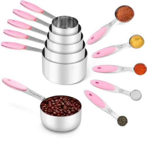 Joyhill Stainless Steel Measuring Cups and Spoons Set of 10 Piece, Nesting Metal Measuring Cups Set with Soft Touch Silicone Handles for Dry and Liquid Ingredients, Cooking & Baking (Pink) - color: c)Stainless Steel-Pink