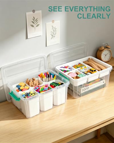 EOENVIVS Clear Storage Boxes with 6 Tall Inserts, Large Plastic Organizer Box with Lid and Handles, 15.94x11.61x7.28 Inches, Multi-Functional Container for Cosmetics, Toys, School Supplies - color: Clear+Light Green