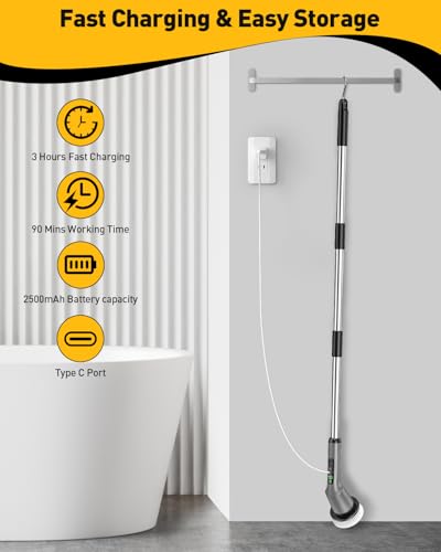 Electric Spin Scrubber for Bathroom, Shower Scrubber with Long Handle - color: Gray, size: 8 Brush Heads