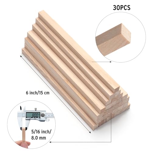 Wooden Dowels Wooden Sticks for Crafts 5/16" x 6", 30 PCS Square Wood Dowel Rods, Unfinished Hardwood Sticks Small Wood Strips for Crafting, Miniature Buildings, Woodworking - size: 5/16"×6"-30PCS