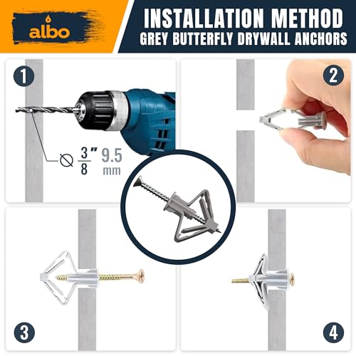 ALBO Drywall Anchor Kit Hollow Wall with Screws 50 pcs. (Grey Anchor 25pcs + Screws 25pcs) Plastic Hollow Wall Drilling Anchors - color: Grey 25pcs