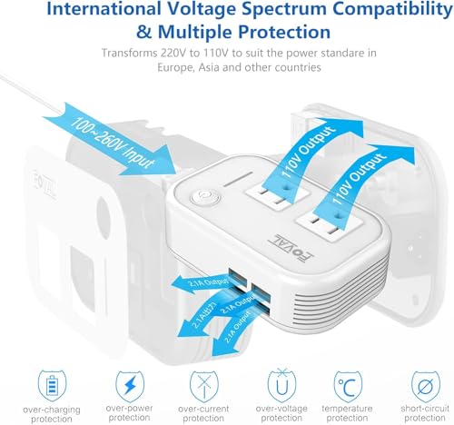 FOVAL Power Step Down 220V to 110V Travel Voltage Converter International Power Adapter for Hair Straightener/Curling Iron with 4-Port USB Charging US/UK/AU/EU Universal Plug Adapter (White)
