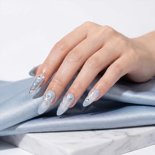Medium Almond Press On Nails Blue with French Tip Y2K Bow Heart - color: Style14