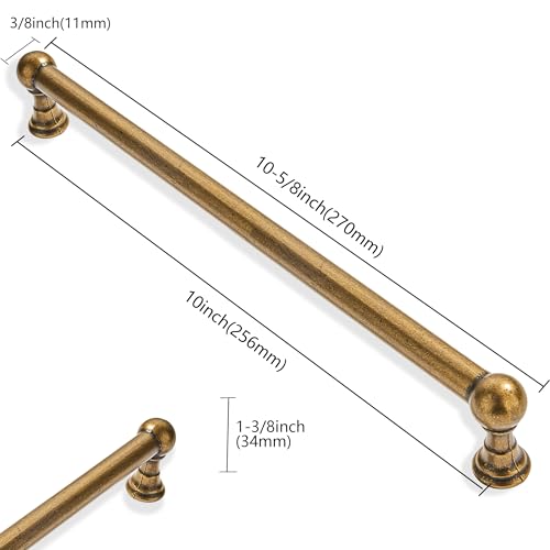 10 Pack 10 Inch Hole Center Antique Brass Cabinet pulls 100% Solid Heavy Duty Dresser Pulls Cabinet Drawer Pulls for Kitchen Cupboard Hardware - color: Antique Brass, size: 10 inch hole center