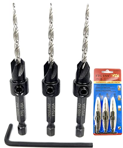 FTG USA #6 (9/64") Wood Countersink Drill Bit 3-Pc Set with Hex Key - size: #6, style: 3 Pc w/o Depth Stop
