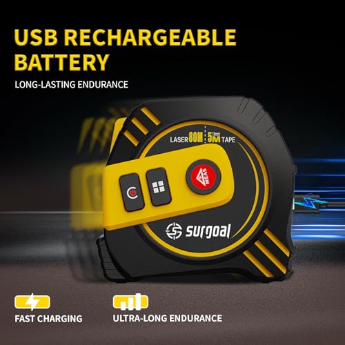 2-in-1 Laser Tape Measure USB-C Recharge 262Ft Laser & 16Ft Tape Red-Beam - color: Red Laser Tape 16ft+262ft
