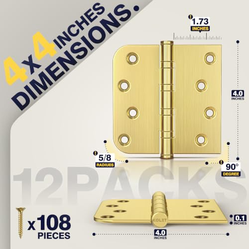 KOLET 4 Inch Gold Ball Bearing Door Hinges Square and 5/8'' Radius 12 Pack - color: Gold, size: 12 Packs