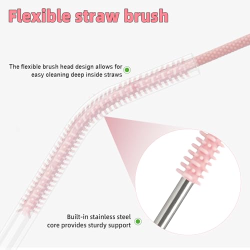 Silicone Straw Cleaner Brush, 4Pcs Reusable Straw Brush Set with Extra-Long Design for Cleaning Thin Metal Straws and Wider Milkshake Straws （6mm+9mm Pink) - color: Pink