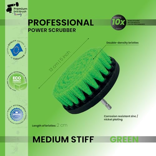 Premium Drill Brush Professional – Medium 5-Piece Kit (5/4/3.5/2 in Brushes + 6 in Extension) | Multi-Surface Kitchen and Household Cleaning for Ovens, Hobs, Floor Tiles and Greasy Cookware - color: Green