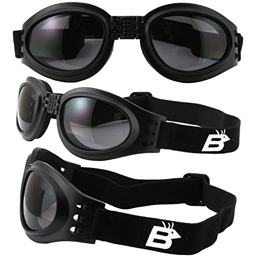 Birdz Eyewear Parrot Folding Padded Motorcycle Goggles Black Frame with Smoke Lens for Men & Women