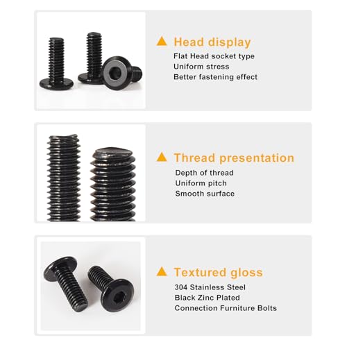 M8 x 35mm 20Pcs Flat Head Hex Socket Cap Screws, 304 Stainless Steel 18-8, Black Zinc Plated, Connection Furniture Bolts, Full Thread - size: M8 x 35mm(20PCS)