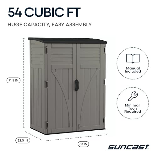 Suncast 54 Cu Ft Medium Vertical Storage Shed, Stoney, Made in USA - color: Stoney