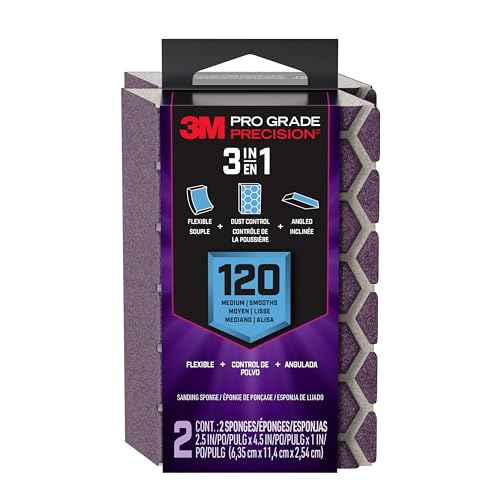 3M Pro Grade Precision 3-in-1 Sanding Sponge, 120 Grit Medium, 2 Sponges, Washable & Reusable, for Wood, Metal, Drywall, and Surface Prep – Flexible Foam, Contoured, Angled, Flat - size: 2.5 in x 4.5 in x 1 in - 2 Sponges, style: 120 Grit Medium