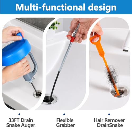 Drain Snake 5Set-33Ft Drain Clog Remover,62inch Heavy Duty Plumbing Snake,20inch Hair Clog Remover,Gloves for Bathtub,Toilet,Sewer,Kitchen Sink,Drainage Pipe(Blue) - style: 5SET Manual Heavy Duty