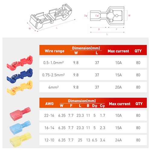 Nilight 480PCS/80 Pairs T-Tap Wire Connectors Self-Stripping Quick Splice Electrical Wire Terminals Insulated Male Quick Disconnect Spade Terminals Assortment Kit with Storage Case, 2 Years Warranty - size: 480Pcs 22-10AWG