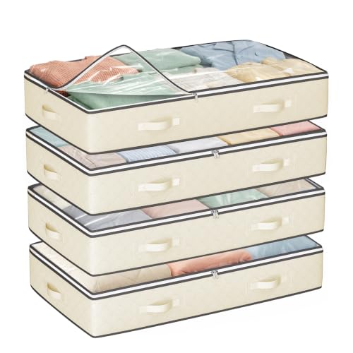 Budding Joy 4 Pack Under Bed Storage Containers with Clear Lids, Beige - color: Beige, size: 60L-4 Pack
