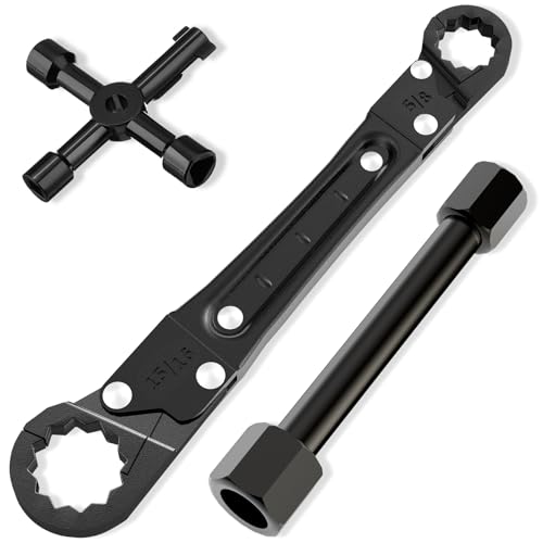Plumbing Tools Angle Stop Wrench Kit - 3-Piece Plumber Tool Set with Compression Sleeve Puller & 4-Way Sillcock Key - Fits 3/8" & 1/2" MPT Ferrule Removal Tool for Tight Spaces Under Sink-Black - color: Black