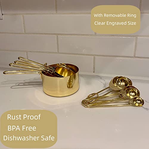 Gold Measuring Cups and Spoons Set, 8 PCS Metal Measuring Cups and Stainless Steel Measuring Spoons Set for Kitchen - color: Gold