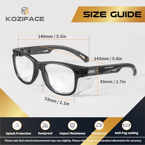 KOZIFACE E52 Anti-Fog Safety Glasses, ANSI Z87.1 Eye Protection with Side Shields, Clear Lens, Lightweight for Work, Lab DIY - color: Black