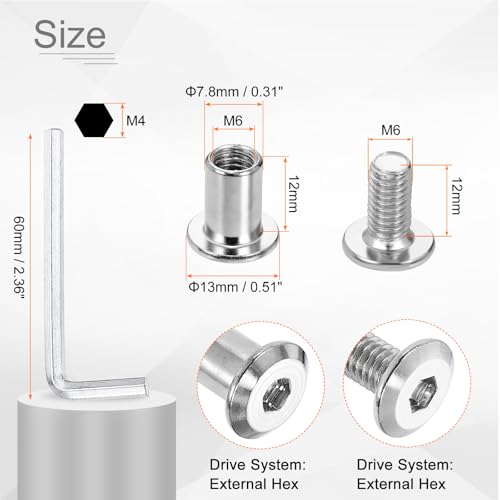 HARFINGTON 20 Set M6x12mm Hex Drive Socket Cap Bolt and M6x12mm Nuts with M4 Hex Wrench, Furniture Connector Bolts and Screws for Furniture Countersunk Belt, Silver - size: M6x12mm, M6x12mm