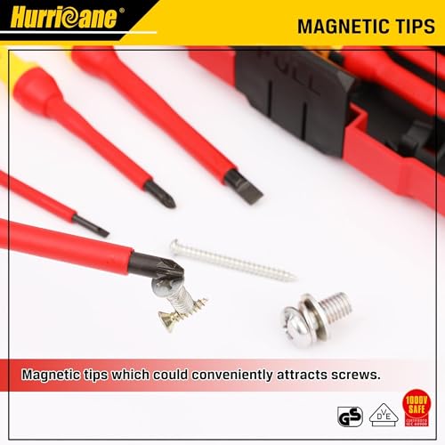 HURRICANE 13 Piece 1000V Insulated Electrician Screwdriver Set, Cr-V Magnetic Tip. 4 slotted, 2 Phillips, 2 Pozidriv, 3 Torx, 1 Electroprobe, and 1 handle. Ideal for Professional & Home Repair - size: 13 Piece Basic Insulated Screwdriver Set