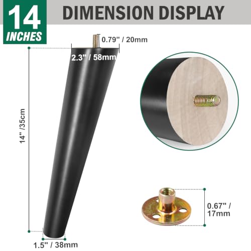 FoDau770 Rubber Wood Legs 14", Slant Taper, 5/16"-18 Thread, Black, 4pcs | Wood Couch legs - Mid Century Sofa Legs - Furniture legs Replacement for Cabinet Dresser Chair Ottoman - color: Black, size: 14 Inch - Slanted (80°)