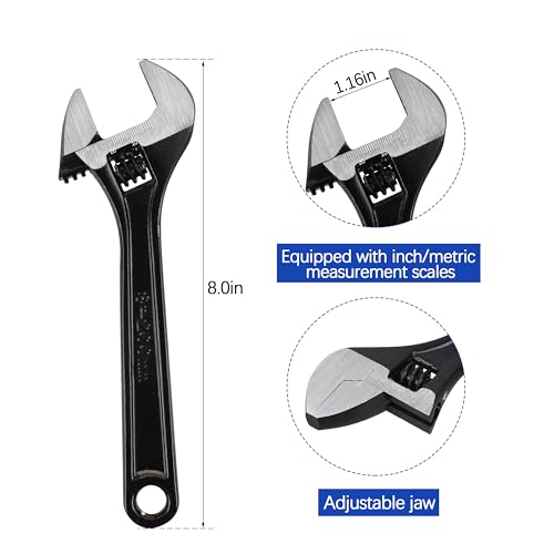 8" Adjustable Wrench,Black Oxide Finish Wide Jaw Spanner