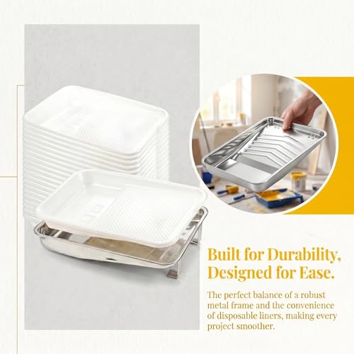 Jucoan 9 Inch Metal Paint Tray with 20 Pcs Plastic Disposable Paint Tray Liners, Reusable Metal Paint Pan with Liners for DIY Home Wall Painting