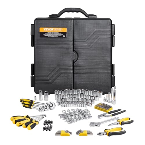 VEVOR Mechanics Tool Set 207 Pieces 1/4" 3/8" 1/2" Drive Sockets -SAE and Metric Mechanic Tool Kit with Bits - Wrenches, Ratchet Handle, Accessories, and Plastic Storage Case - for Automotive Repair - size: 207-PCS