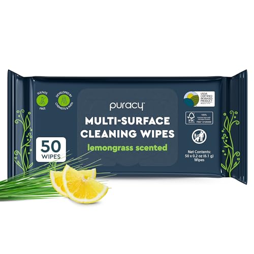 Puracy All Purpose Cleaning Wipes – Non Toxic Multi-Surface Cleaner & Appliance Wipes for Car, Bathroom, Kitchen – Lemongrass Scent (50 Count, 1 Pack) - size: 50 Count (Pack of 1)