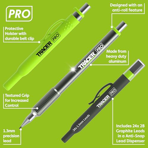 Tracer Pro 1.3mm All Metal Carpenter Pencil, 24X Leads and Site Holsters - style: 1.3mm Precision