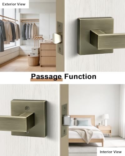 Probrico Passage Antique Brass Closet Door Handles, 6 Pack Interior Non-Locking Aged Bronze Square Zinc Alloy Lever, Reversible for Right & Left Side - color: Antique Brass