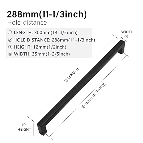Cabinet Pulls Matte Black Cabinet Handles Square Drawer Pulls, 5 Pack 11-1/3 Inch Stainless Steel Kitchen Door Cupboard Cabinet Handles, Drawer Hardware Handles, 288mm Hole Centers - size: 11-1/3 inch Hole Centers(288mm)