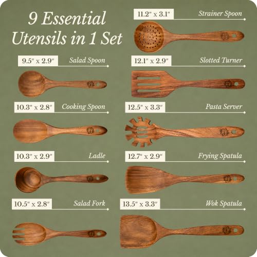 ELIBRE 9-Piece Teak Wood Kitchen Utensil Set, Heat-Resistant, Food Grade