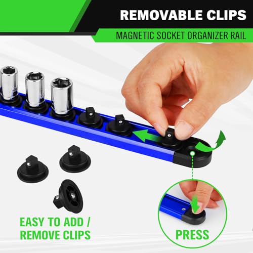 1/4-inch Magnetic Socket Organizer Rail, Aluminum Alloy Socket Rail, Heavy Duty Sockets Holder with 14 Clips, 360° Swivel Clip Tool Tray, Sockets Organizer for Tool Box Drawer (Blue) - style: Blue 1/4-inch