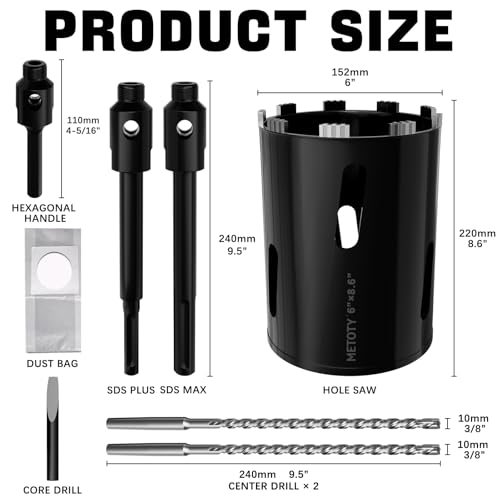 Diamond Core Drill Bit 6"(152mm) with Pilot Bit & Adapters (SDS Plus & Hex) – Upgraded Welded Segments, 8.6" Depth – for Concrete, Solid Brick, Hollow Brick, Masonry & More - size: (6"/152mm)