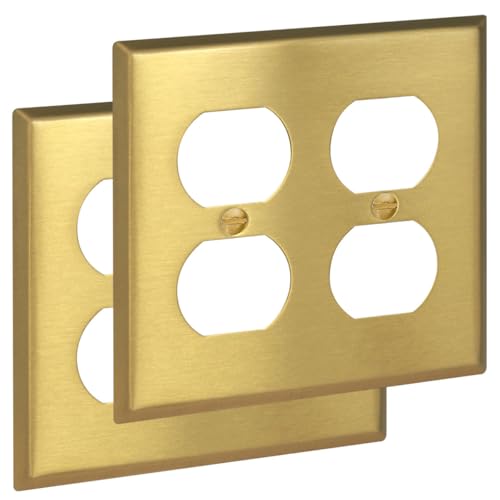 Rio Salto BRASS Decorative Outlet Covers Light Switch Cover 2 Duplex Outlet Covers Double Duplex Wall Plate Brushed Brass Gold Premium Covers — Signature Collection, Standard 4.56" x 4.50" - color: Duplex 2-Gang (2-Pack)