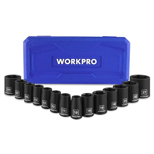 WORKPRO 1/2” Drive Shallow Impact Socket Set, Metric Cr-V Steel 6-Point Socket Set with Storage Case for Automotive Maintenance and Repairs (14PCS 10-27mm) - size: 14 PCS, Metric