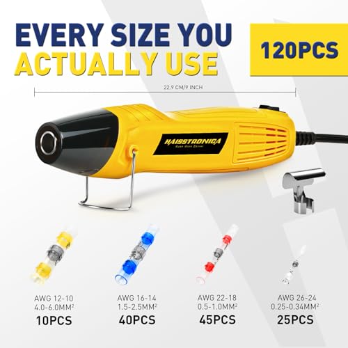 haisstronica 120PCS Solder Seal Connector Kit, 350W Heat Gun, AWG 26-10 | Clear Sleeves, 2 Heat Settings, Focused Nozzle, 4 Color-Coded Sizes, Mini Heat Gun, Tight-Space Repairs - size: 120PCS