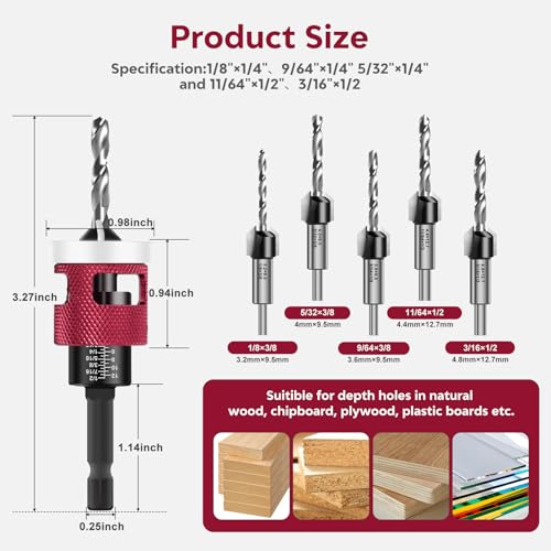 Countersink Drill Bit Set - 5 Pcs Countersink Drill Bit with Low Friction Depth Stop, Replaceable HSS M2 Tapered Bits, Carbide Drill Bits 1/4” Hex Shank for Woodworking Tools & Hand Tools - color: Red