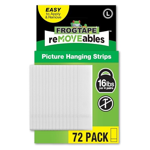 FrogTape reMOVEables Large Picture Hanging Strips, 72 Pairs- 16lbs per 4 Pairs, Damage-Free Removeable Adhesive Wall Strips Picture Hangers for Mounting Frames, Canvas, Home Décor, White (144 Pieces) - size: 72 Pairs, style: Large