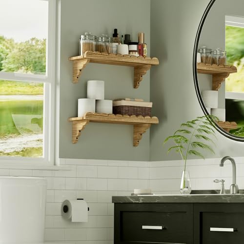 QsQueen Scalloped Wood Wall Shelf – 17 Inch Floating Shelf with Wood Brackets, Easy to Install Rustic Wall Shelf for Living Room, Bedroom, Bathroom, or Any Space - Light Brown - color: Light Brown