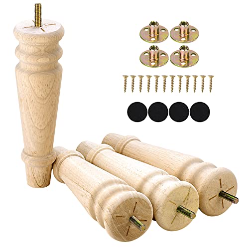 Maricome Unfinished Furniture Legs 8 inches Set of 4 Turned Wood Replacement Legs for Dresser Ottoman Chair Bench Solid Round Mid Century Screw in Pre-drilled M8 Bolt - color: 8 Inch Unfinished