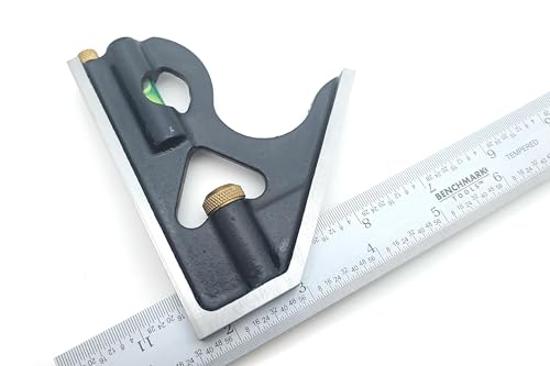 Benchmark Tools Precision 12” 2-Piece Machinist Combination Square Set - 12" Blade, No-Glare Satin Chrome Finish, Integrated Spirit Level, Hardened Steel Scribe, Plastic Case with Foam Inserts