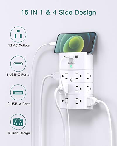 Addtam Outlet Extender with 12 AC Outlets and 3 USB Ports (1 USB-C), White - color: White, size: 1c2a No Pd