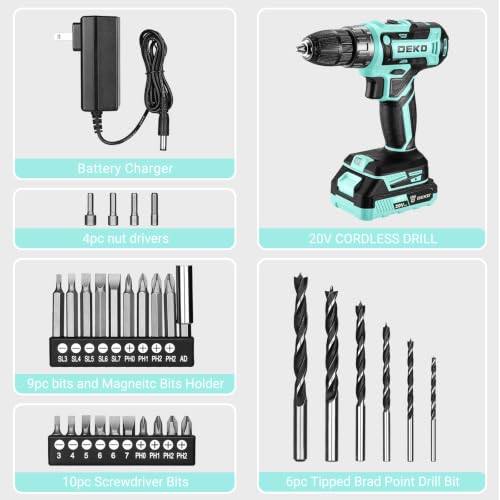 Power Drill Cordless: DEKO PRO Cordless Drill 20V Electric Power Drill Set Tool for Women Drills with Battery and Charger 20 Volt Drills Driver Kit Turquoise - color: Turquoise