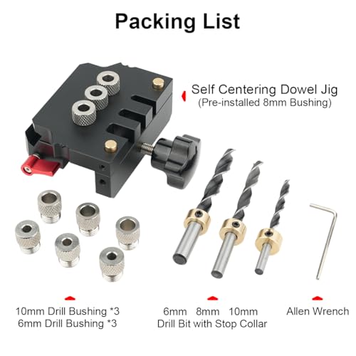TOOLCOOL Self Centering Dowel Jig Kit Woodworking Doweling Jig Creates Edge Corner and Surface Joints with Drill Bits Steel Bushings Stop Collars for 6mm 8mm 10mm Dowel Pins