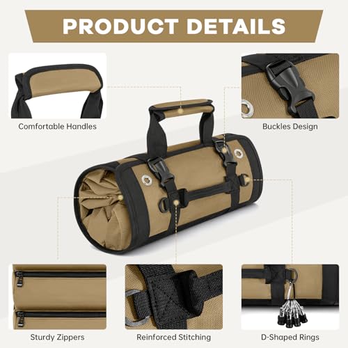 ANILD 13 Inch Regular Long Tool Bag Roll Up, Roll Up Tool Bag Organizer - color: Khaki, size: Regular